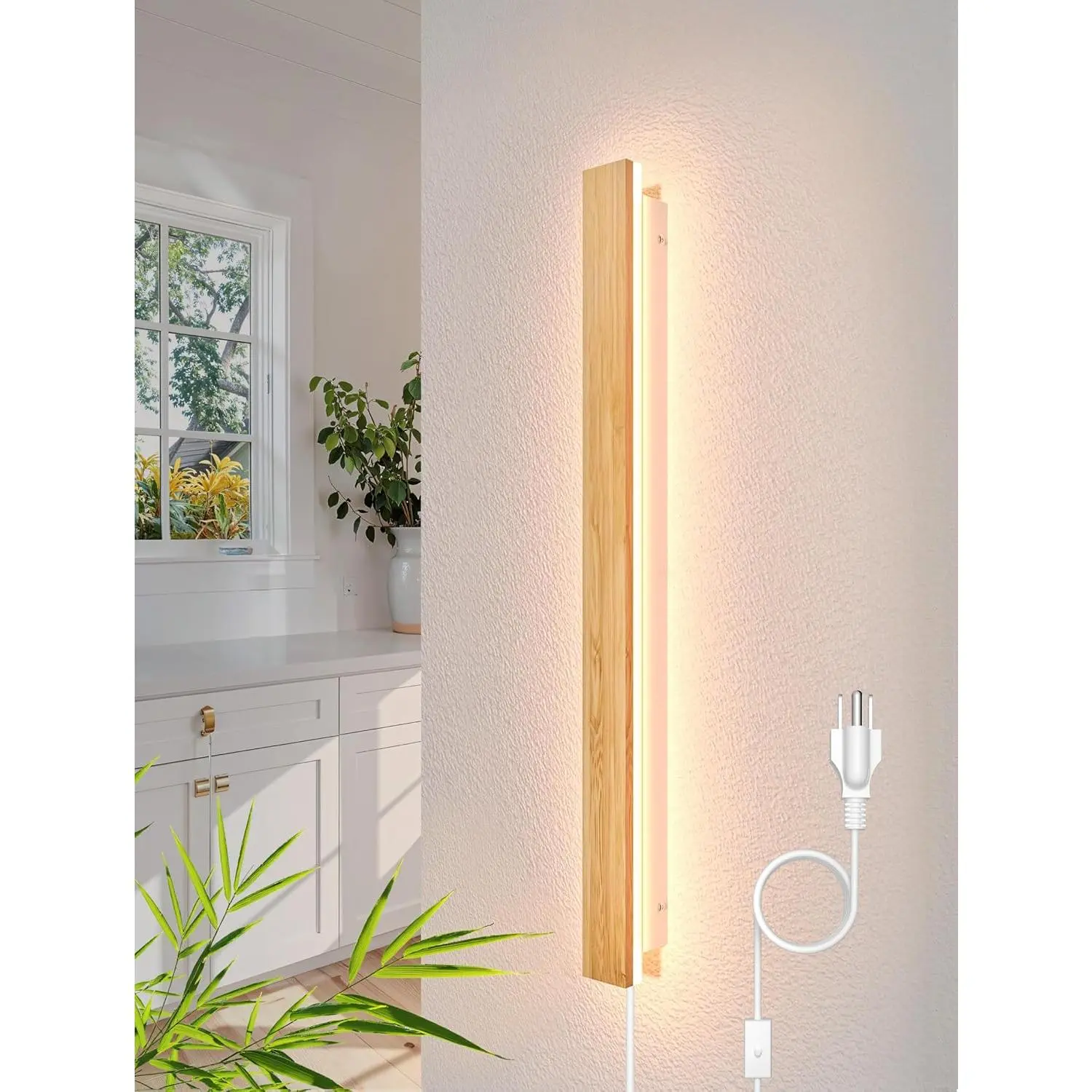 Modern Plug in Long Wall Light, 31.4" LED Bamboo Wall Sconces, 24W Warm 3000K Long Indoor Boho Wall Lamp with 6.5FT Plug in Cord for Living Room Bedroom Hallway Stairwell