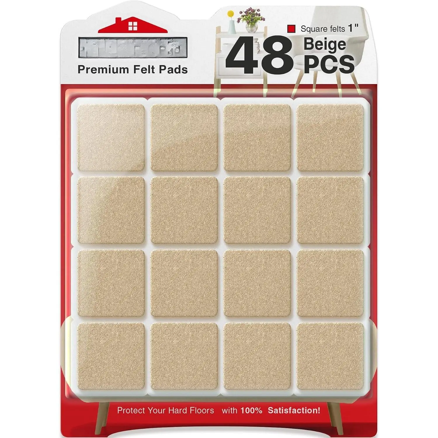 Felt Furniture Pads - 48 count 1" - Felt Pads Floor Protectors | Chair Felt Pads - Felt Pads for Furniture  - Furniture Pads for Hardwood Floors - Protect Your Floors! (Beige, Square)