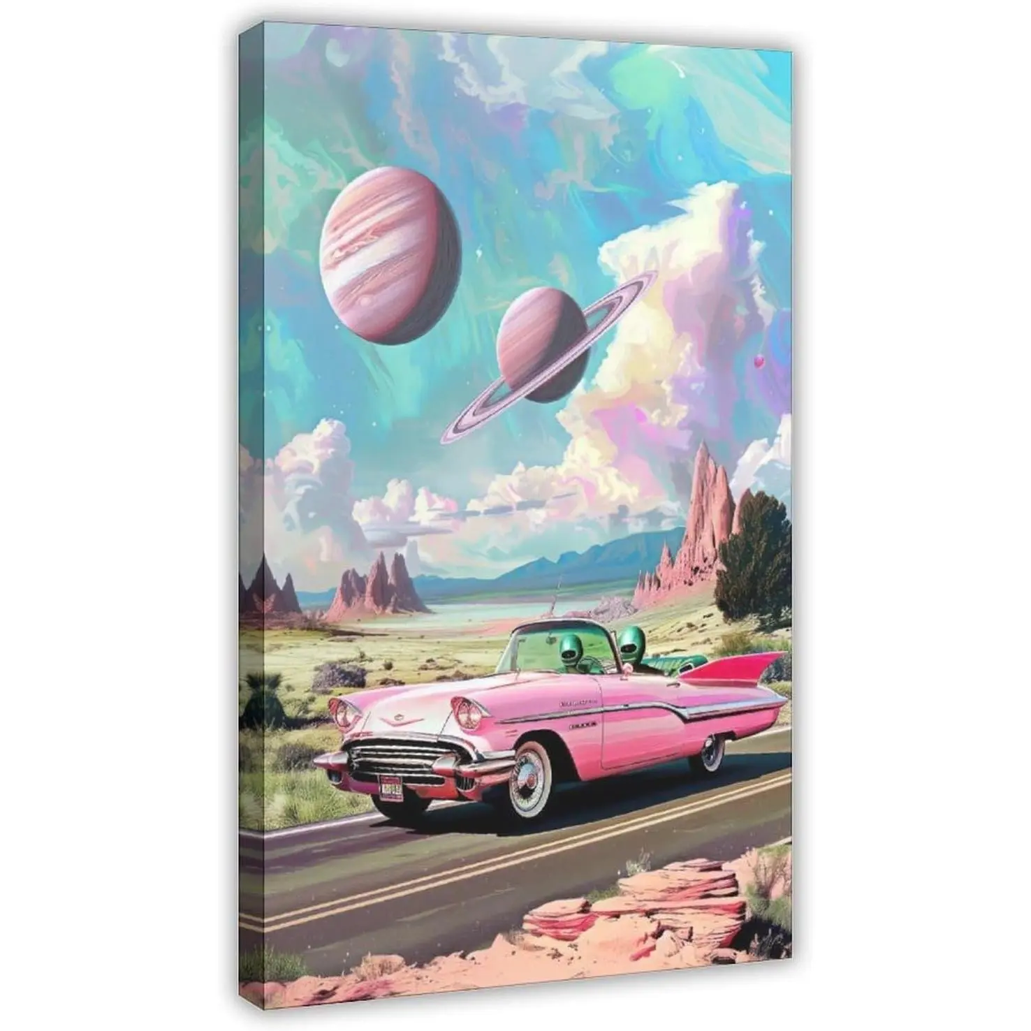 Aliens Driving A Pink Cadillac Ufo Vintage Scifi Surreal Funny Retro Print Poster Wall Art Extraterrestrial Sci-Fi Roswell Mid Century