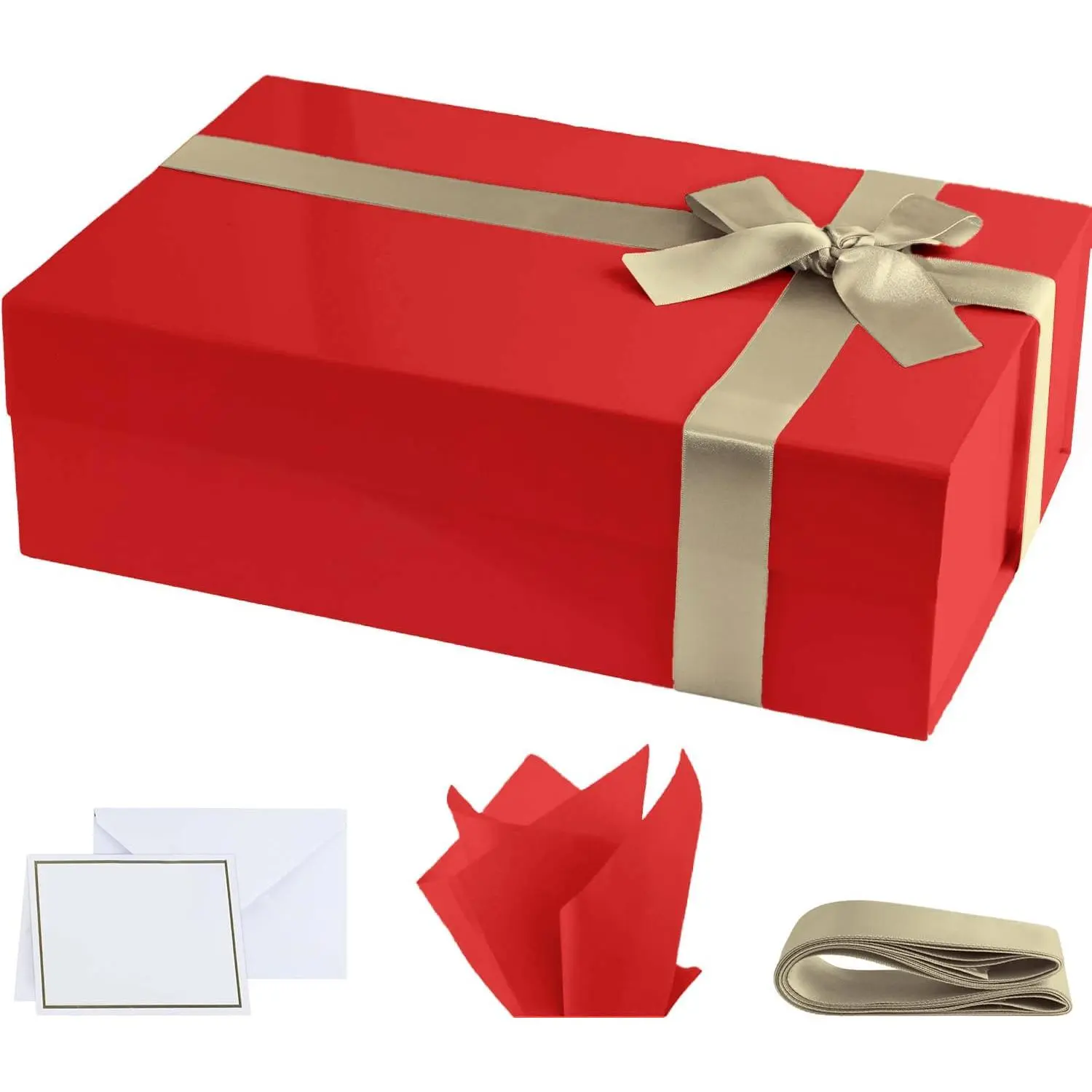 Red Glossy  Box with  Closure 10 x 7 x 3 Inches - 1 PACK- Includes Ribbon and  Card - Elegant Presentation Box for  Occasions