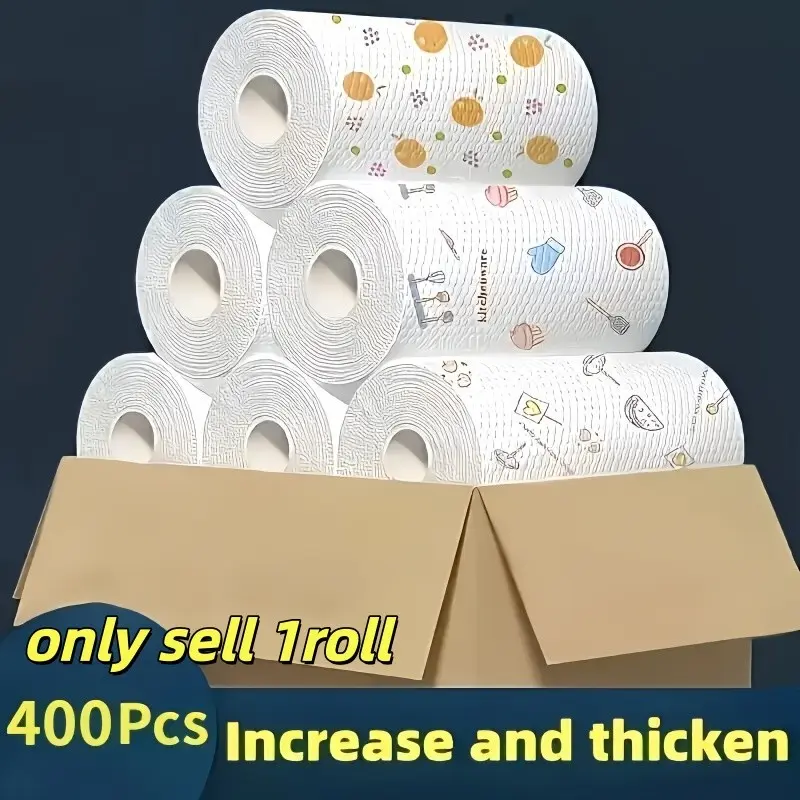 1 Roll 400 Sheets Random Print Thick Washable Lazy Cloth, Kitchen Dry Wet Two-Use Oil Remover, Reusable Dishcloth, Home Cleaning Essential
