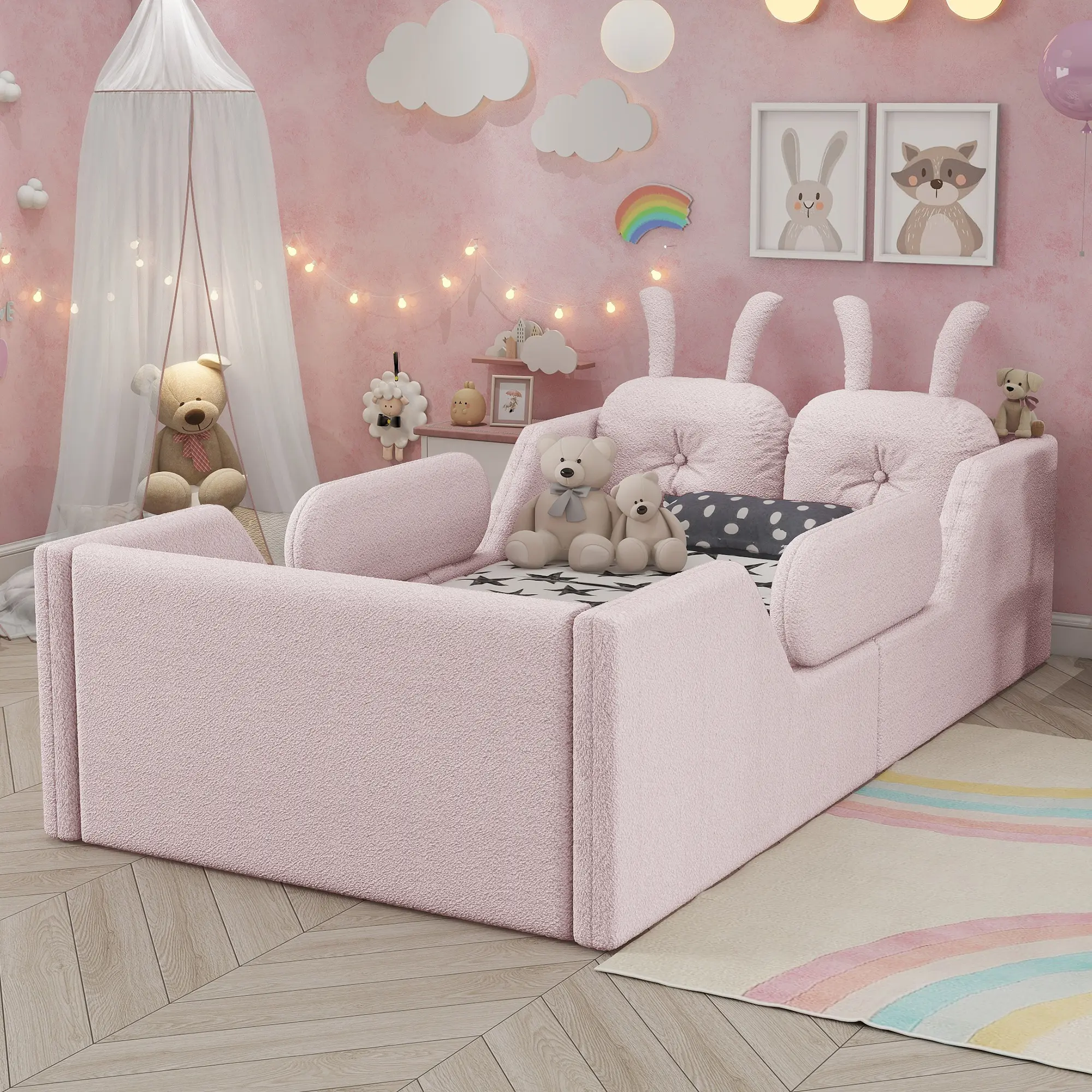 ARCH Twin Size Upholstered Kids Floor Bed with Rabbit Cushions, Pink Teddy Fabric Platform Bed Frame with High Guardrails and Removable Side Rails for Toddler Bedroom, No Box Spring Needed, Soft Foam Padded Safety Bed for Children