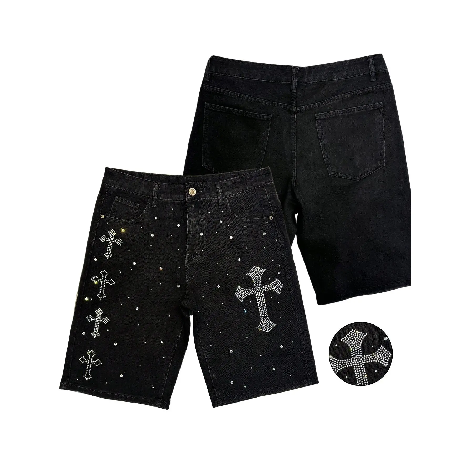 Men's high street style cross diamond hot stamping denim shorts, American retro washed straight leg five quarter pants trendy brand street casual pants
