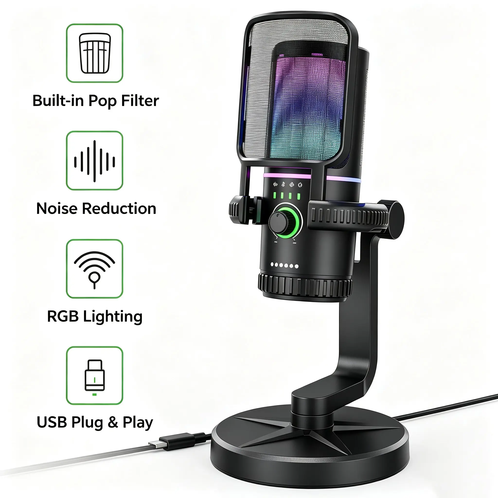 Gaming computer USB RGB microphone | Streaming capacitive microphone with popular filters and shock mount, gain adjustment and instant mute, suitable for PS5 YouTube TikTok live podcast video production