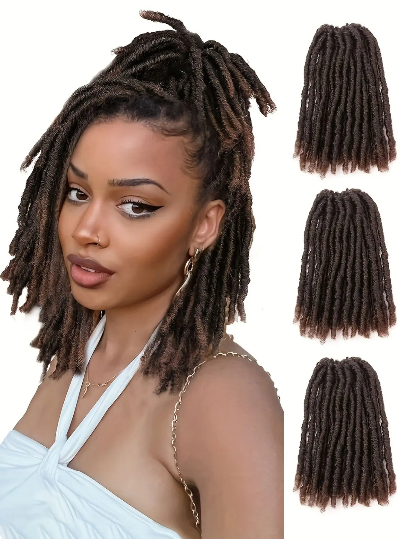 3pcs Crochet Hair 60 Strands Faux Locs, Soft Pre-Twisted Locs, 3 Packs Pre-Looped, 8 Inch Ombre, Medium Length Wigs for Women, Synthetic Soft Dreads