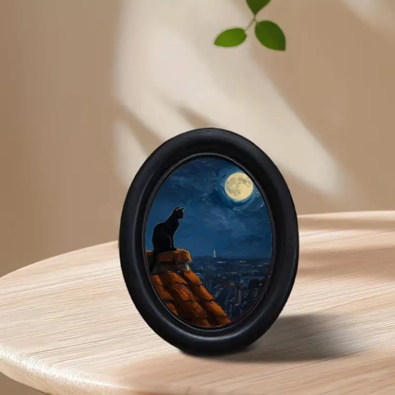 Vintage Oil Painting Style Full Moon Townscape, Dual-Use Desktop Wall Frame, Elliptical Cat Roof Art Print, Decorative Home Ornament
