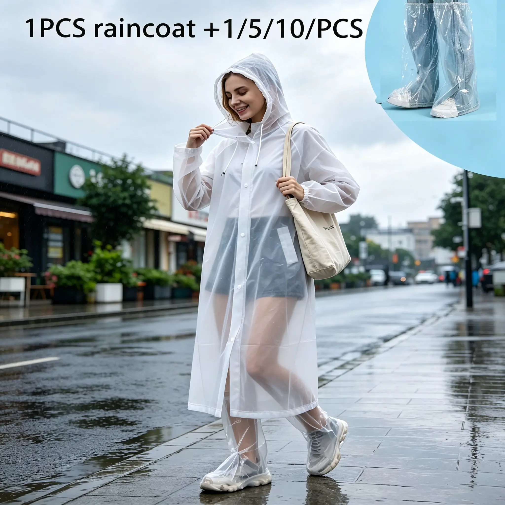 Disposable Transparent Long Raincoat with Hood and Drawstring, Unisex Waterproof Rainwear Set Includes Rain Shoe Covers, Portable Emergency Rain Gear for Outdoor Activities, Hiking, Cycling, and Gardening