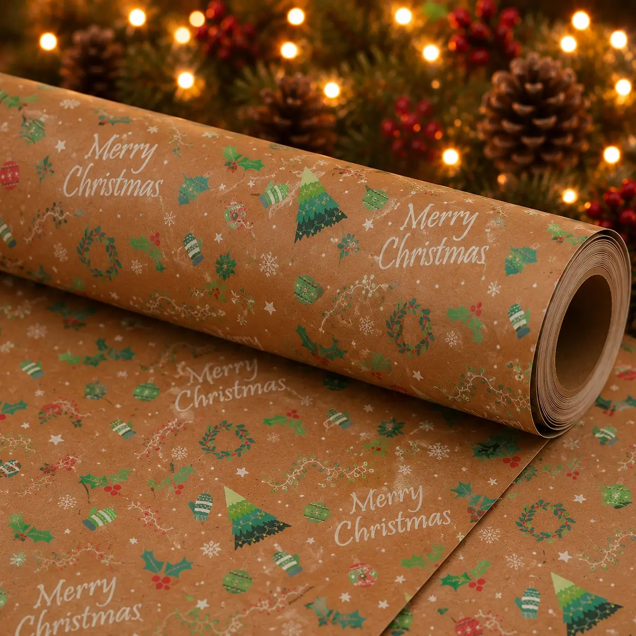 1 Roll Classic Kraft Paper General Gift Wrapping Paper, Xmas Wrapping Paper, 43x300cm with Christmas Festival Elements, Suitable for Christmas Gifts, Christmas Candy Bags, Themed Party Favours and Winter Gift Wrapping, Craft Roll Paper