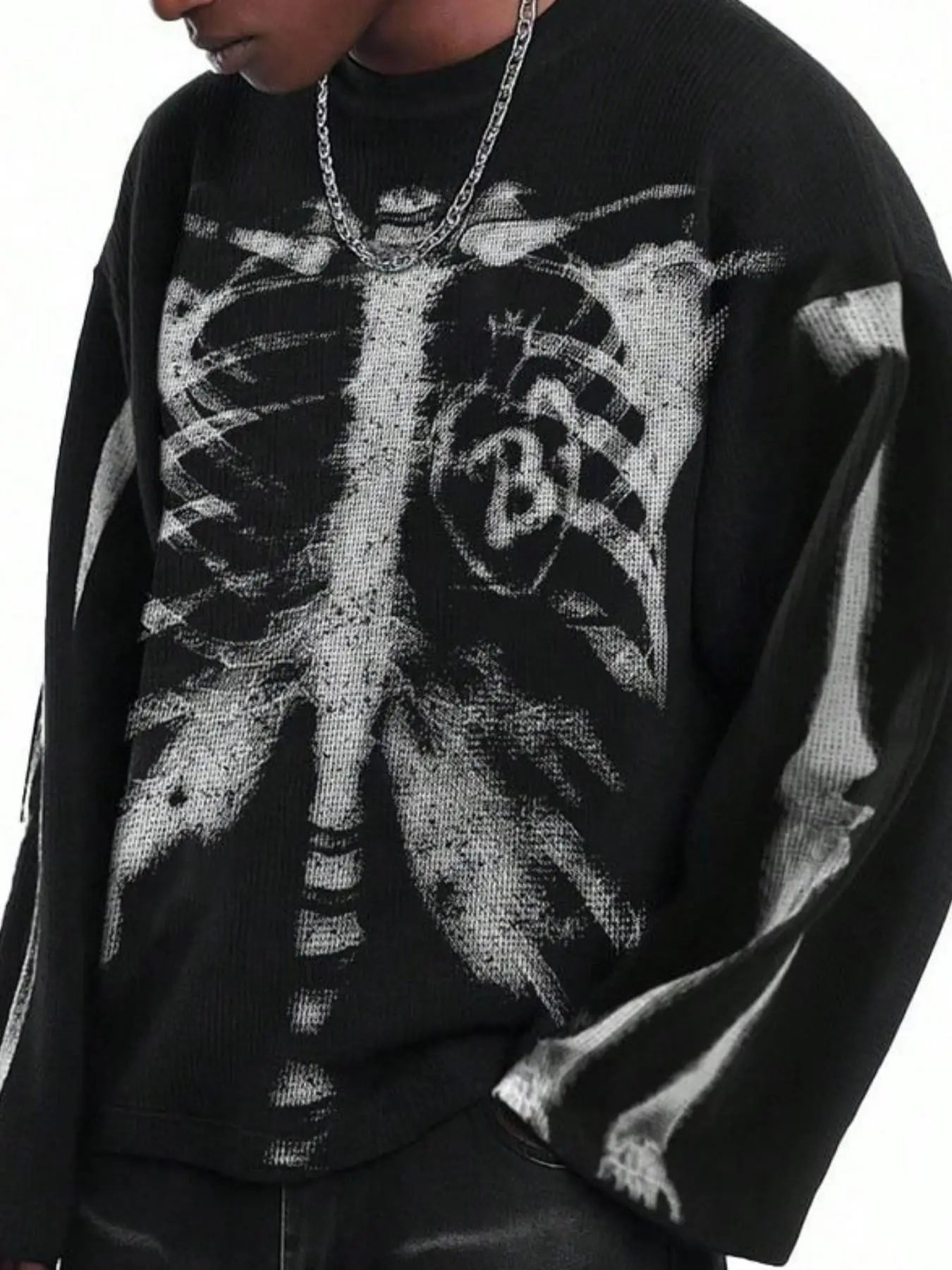 Men's Vintage Y2K Skeleton Print Long Sleeve Tee Waffle Textured Relaxed Fit Casual Cyber Grunge Streetwear White