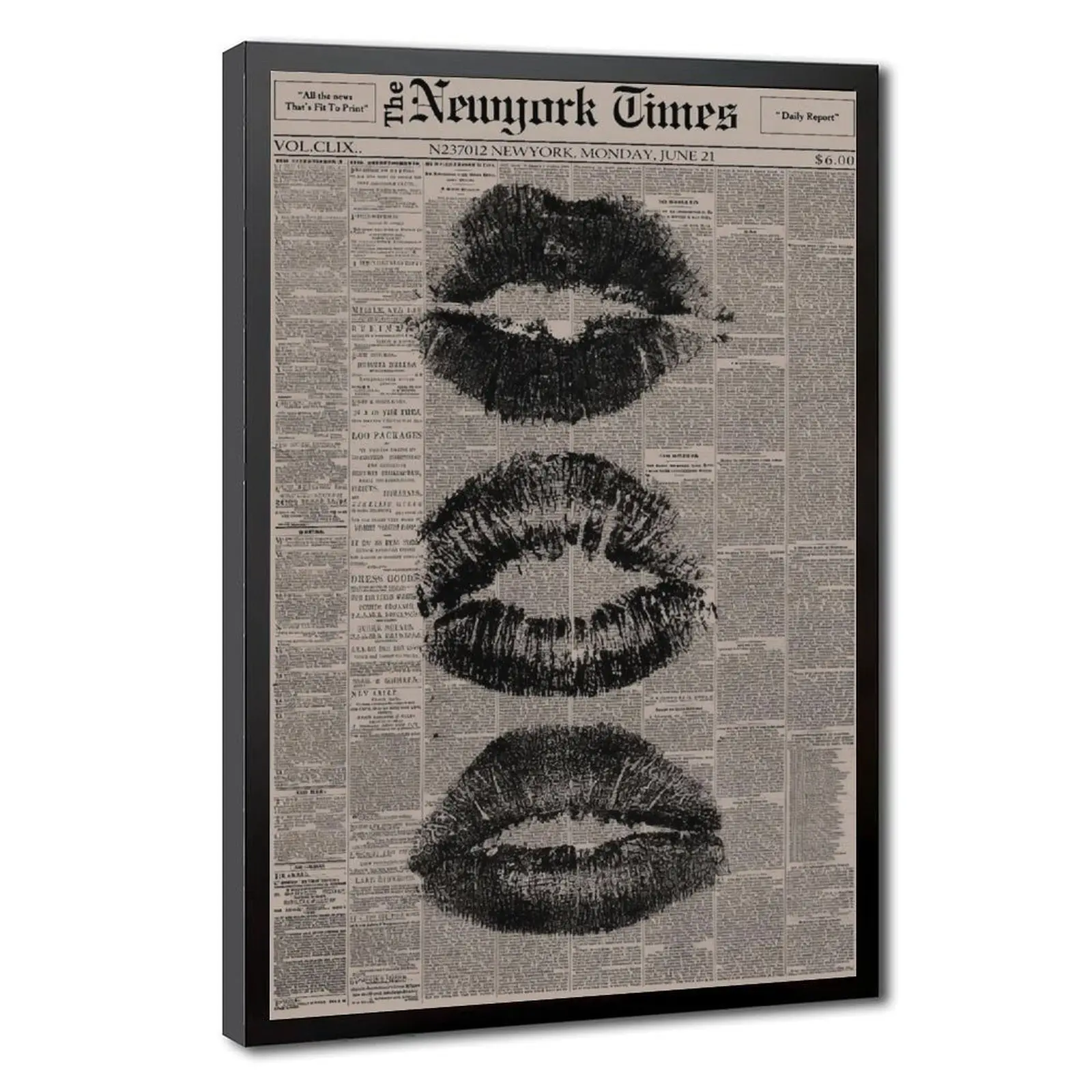 Vintage New York Times Lip Kiss Framed Canvas Print | Black White Kiss Marks Wall Art | Modern Home Decor