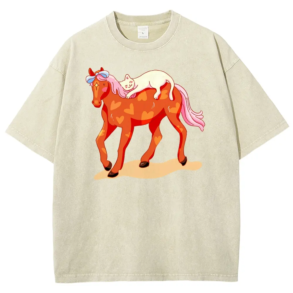 Unisex Ponies, kittens, bows and hearts, sweet fairy tale style featuring cute animals Graphict Washed T-Shirt Personalized Pattern Y2k Clothing Round Neck Washed T-Shirt,Women's Clothing 100% Cotton, Menswear, Top, Vintage Style,Summer Casual Oversized