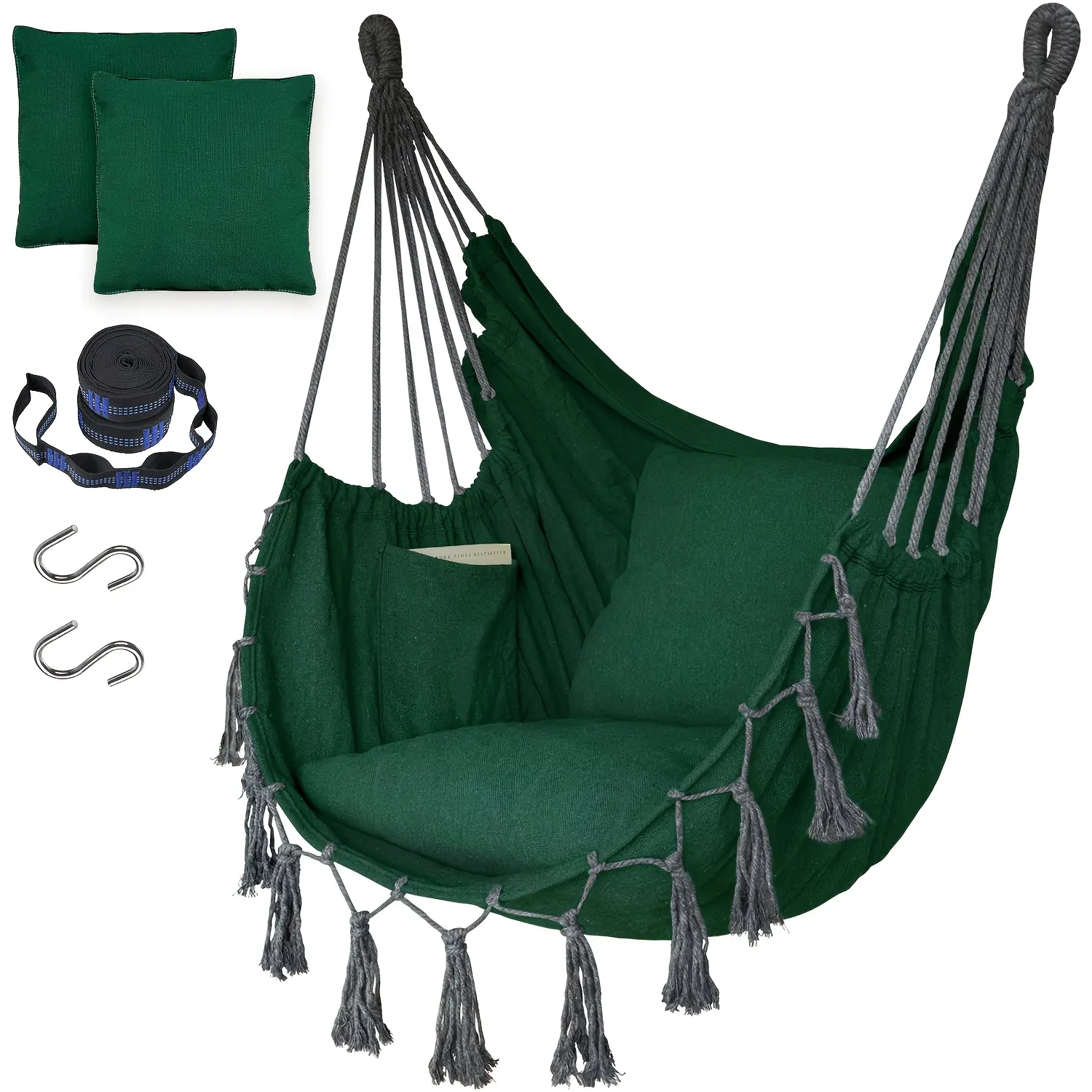Hammock Chair Hanging Swing 2 Pillows Included,Strong Webbing Straps and Hooks, Hand-Woven Hanging Chair Tassel Design Comfort for Outdoor Use