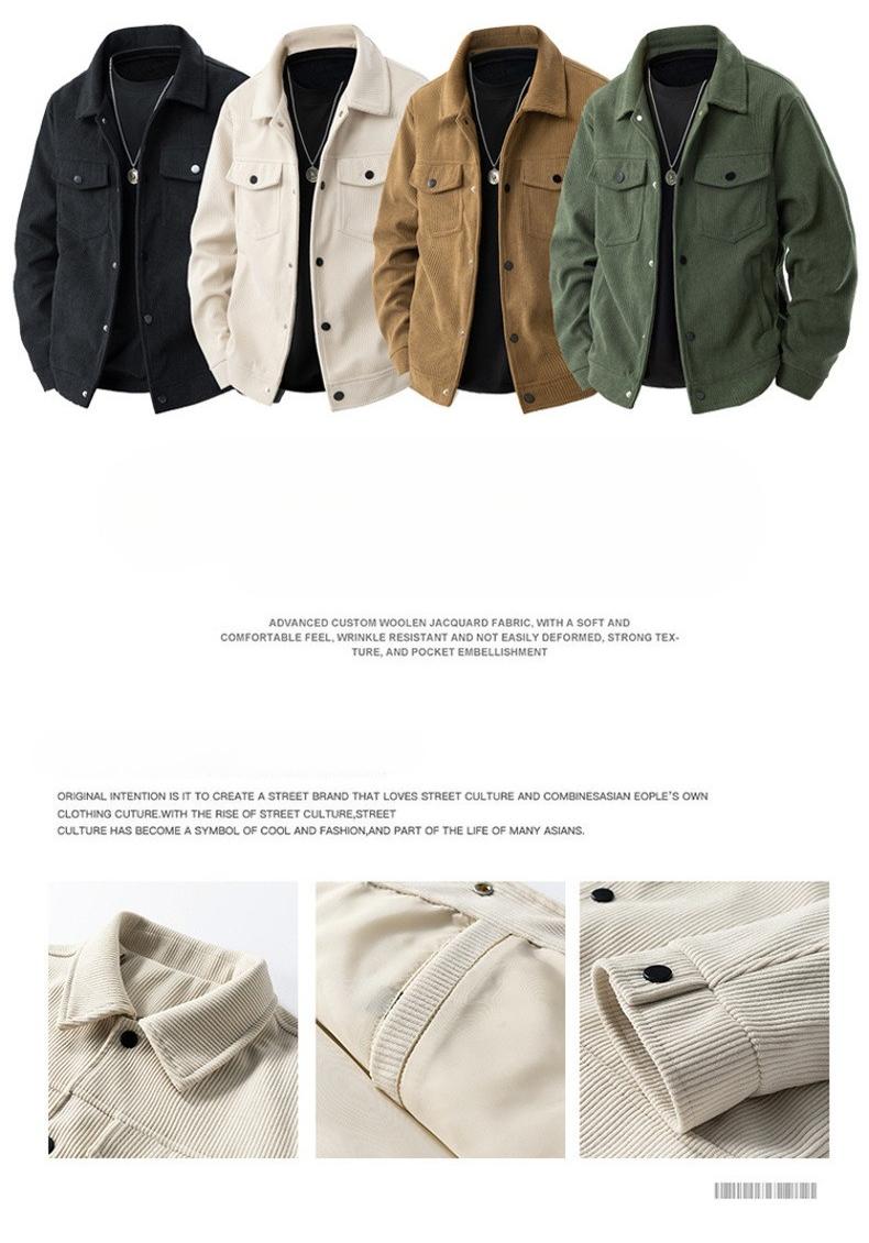 BIGWIG autumn and winter men's corduroy jacket, lapel work jacket, men's warm jacket, men's coat, easy to care for, solid color design, autumn layering items, full zip quilted lining, casual loose warm, vintage wool coat
