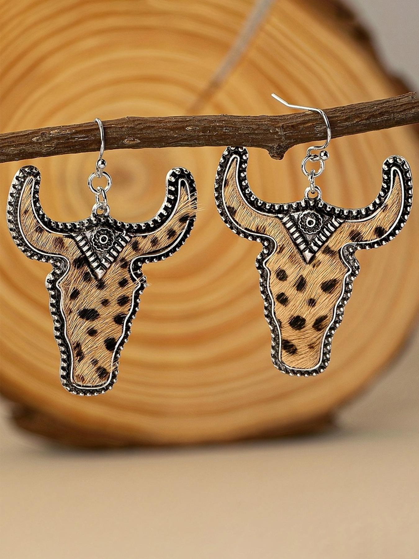 Vintage Cow Head Shaped Dangle Earrings (1 Pair), Western Cowboy Style Leopard & Cow Print Earrings, Hollow Out Design Earrings for Women, Trendy Jewelry Gift for Party and Daily Life, Casual Yet Chic