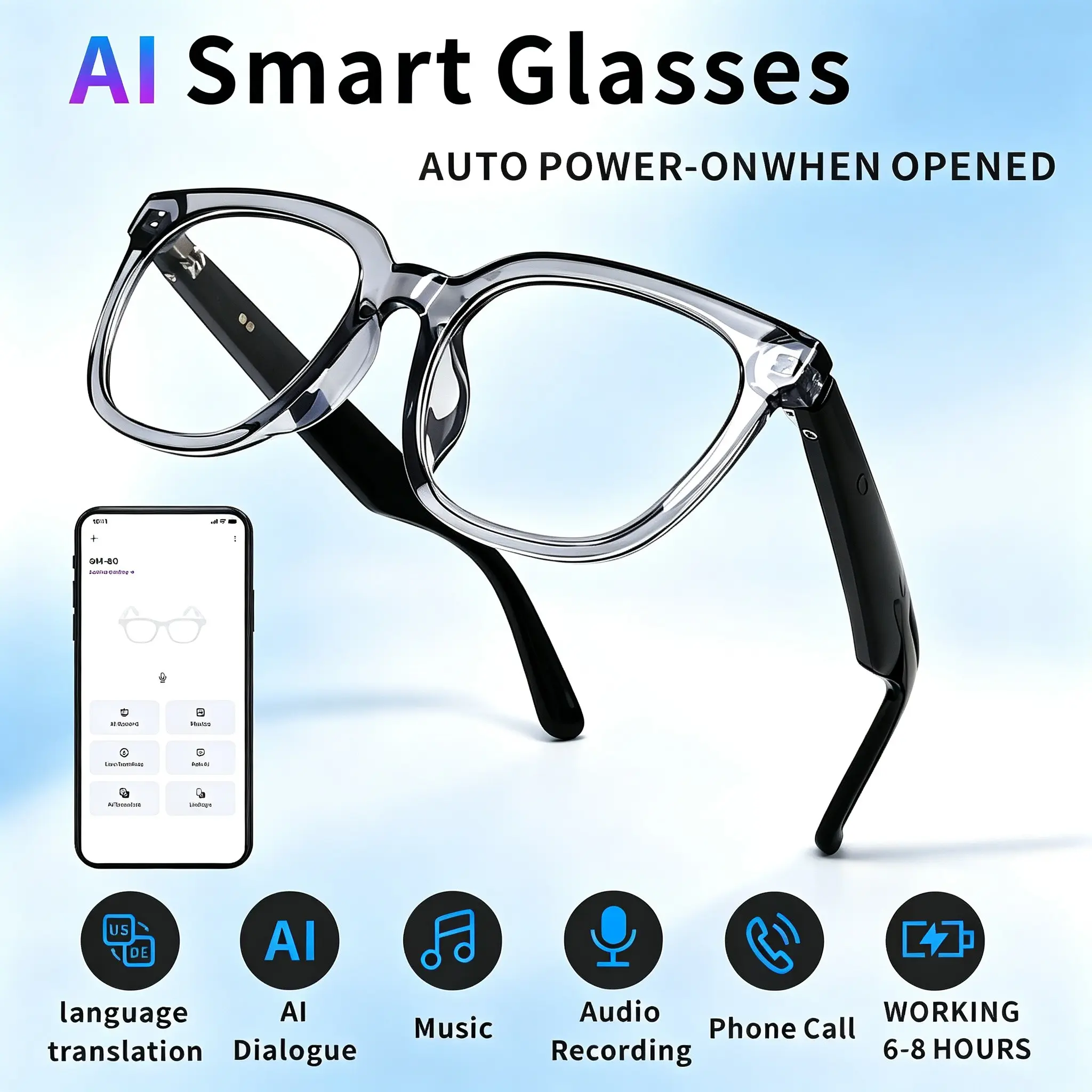 New multifunctional audio glasses, microphone and speaker, AI Q&A, voice assistant, language translation, high-definition calling and high fidelity sound quality, music playback, answering calls, automatic power on, suitable for work and business