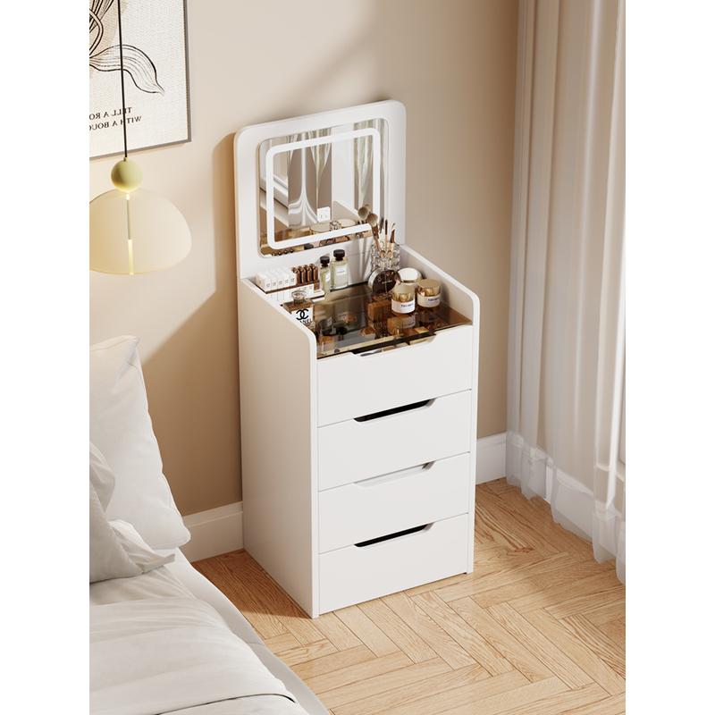 3 in 1 Vanity Desk with Plip Top Mirror, Small Make Up Vanity Set with Visible Glass Desktop, Compact Makeup Vanity with 3 Drawers, Cushioned Tool, Dressing Table for Bedroom