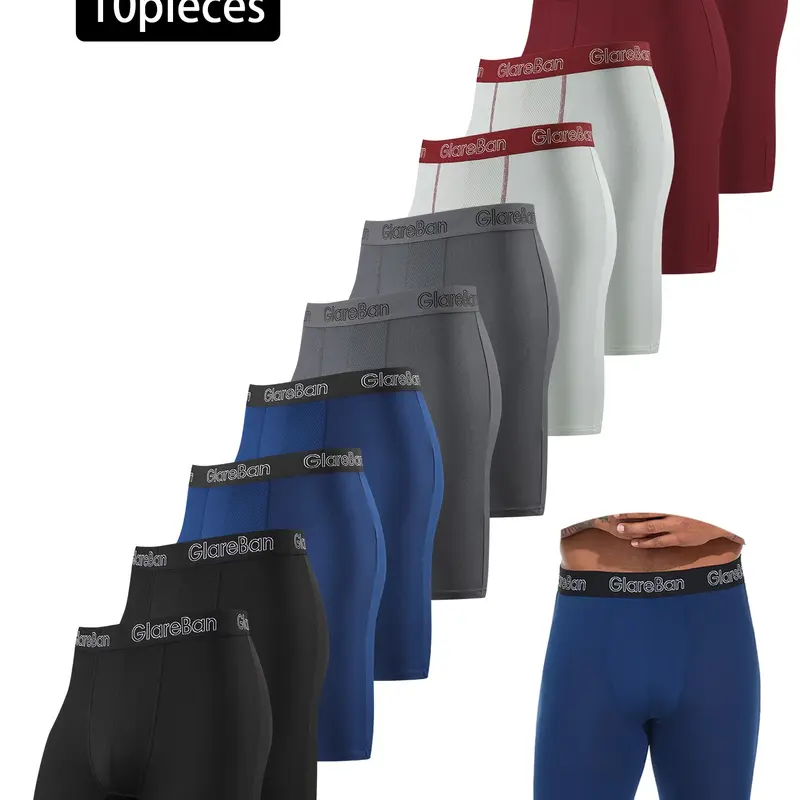 10pcs Long Leg Sports Boxer Shorts for Men, Quick-Dry Soft Underwear, Comfortable Male Underpants, Sports Fitness Underwear, Polyester Fabric Underwear