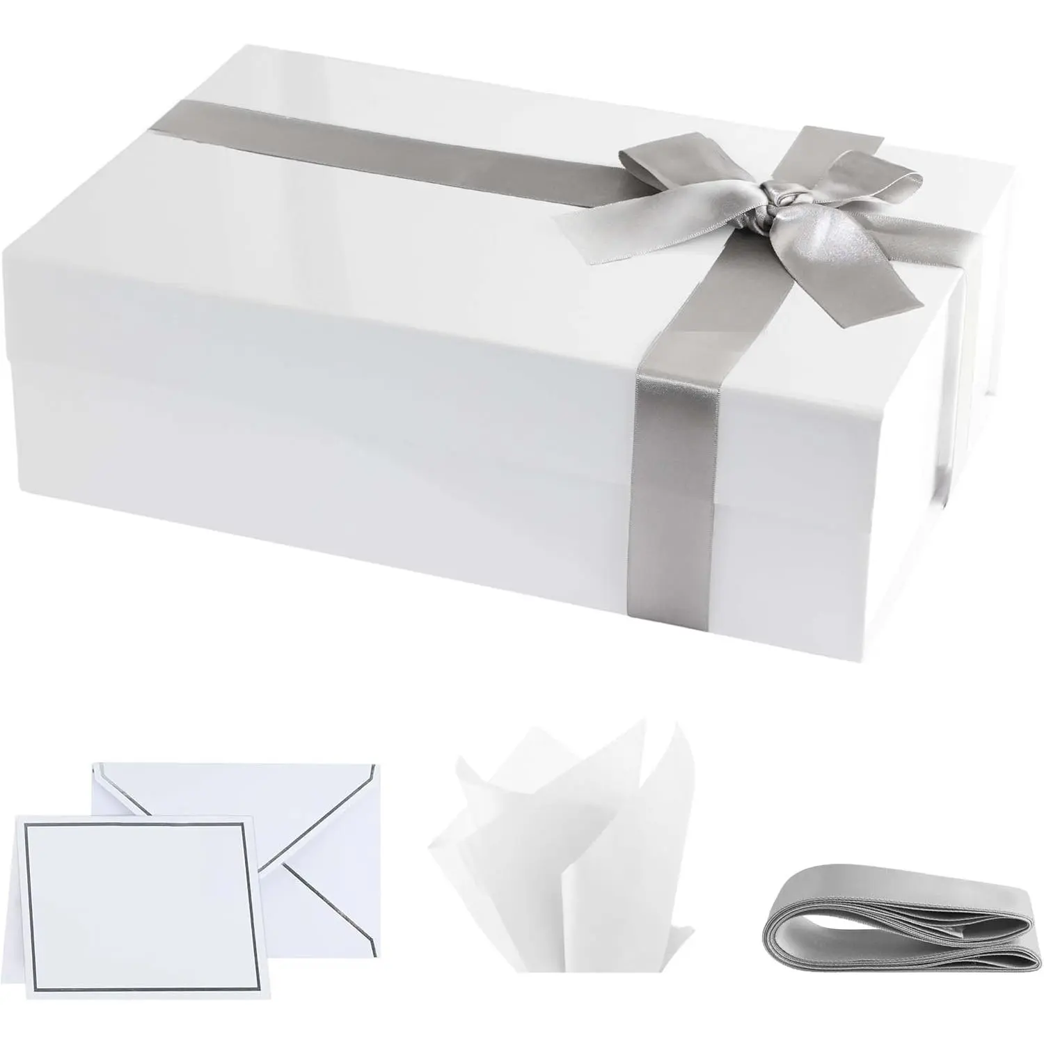 White Glossy Modern Gifting Pack Box with Secure Close, 1 Pack - 10x7x3 Inches, Includes Ribbon + Card - Elegant Presentation Box for Festive & Party Occasions