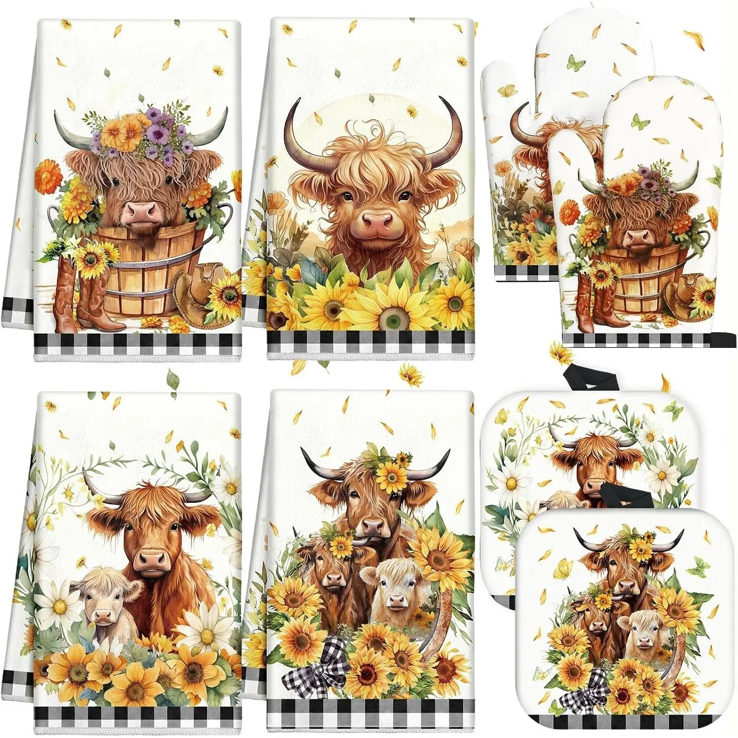 8 Pcs Highland Cow Kitchen Towels Pot Holders Oven Mitt Set Absorbent Highland Cattle Dish Towels Square Potholders Watercolor Heat Resistant Glove for Home Cooking Baking Gift(Sunflower)