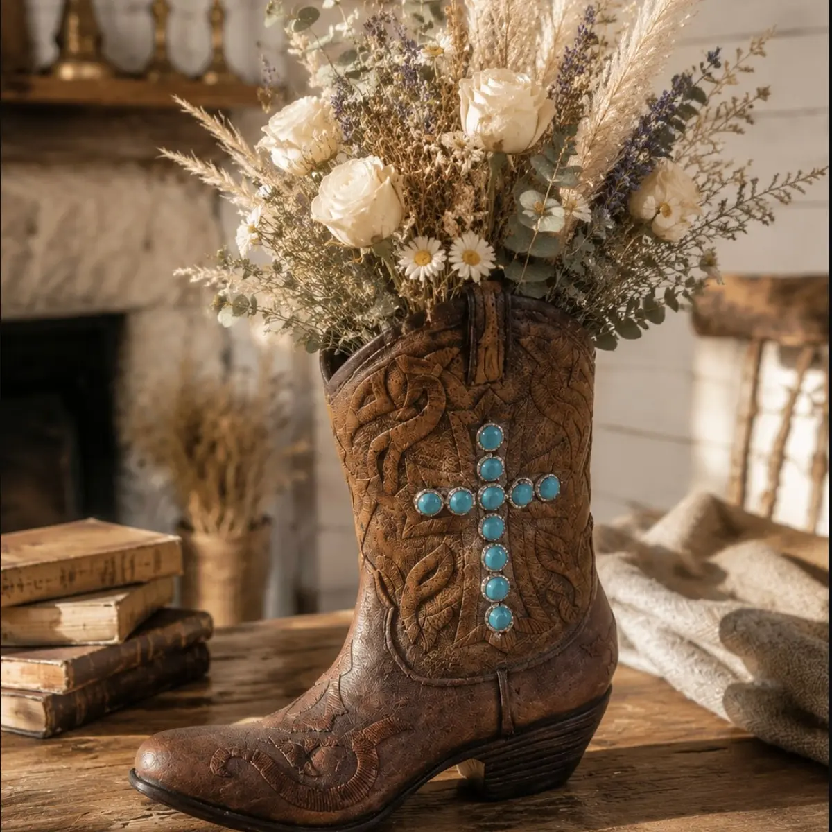Western Cowboy Boot Vase, Rustic Farmhouse Floral Vase, Vintage Cowboy Boot Planter, Country Home Desk Centerpiece, Decorative Gift, Resin Vase
