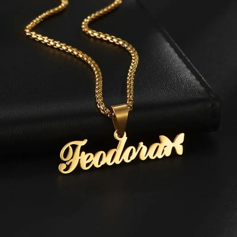 AS990 Personalized Custom Letter Name Butterfly Pendant Stainless Steel Cut Name Pearl Chain Necklace Men's and Women's Gifts