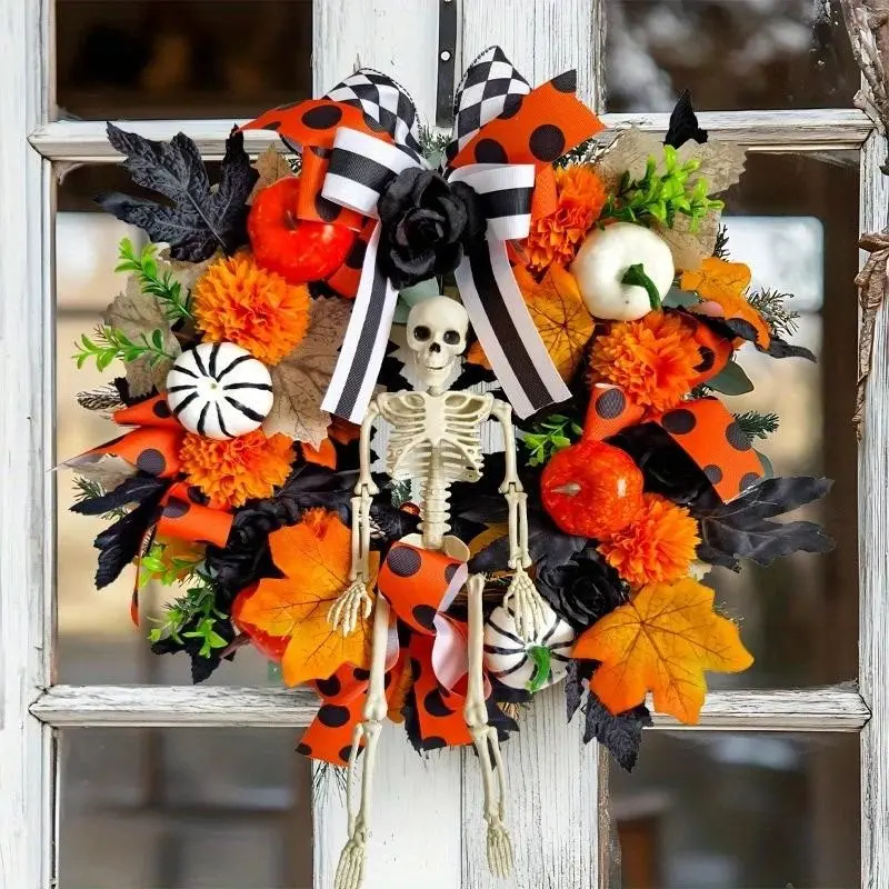 Halloween Pumpkin Skull Wreath, Spooky Style, Lightweight Durable Plastic, Easy Hanging Ribbon, Hanging Ornaments, Home Door Decor, Party Decoration