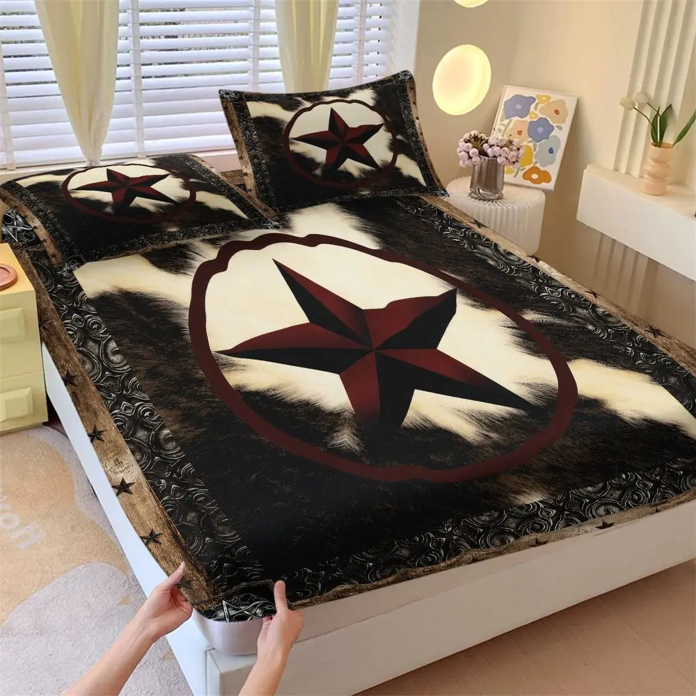 3Pcs Western Cowhide Print Bedding Set, Rustic Lone Star Fitted Sheet Set, Farmhouse Style Bed Sheets Set for Bedroom Decor, Soft Microfiber Bedding Set with Deep Pocket No Fillers