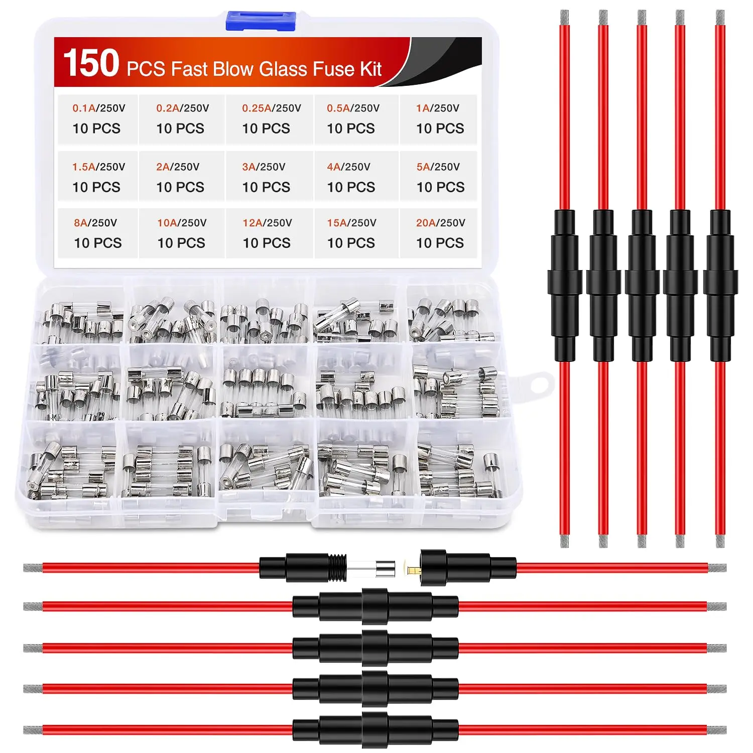 Nilight 150PCS Fast Blow Glass Fuses with 10PCS 5x20mm Inline Holder Screw Type16AWG 250V 0.1A 0.2A 0.25A 0.5A 1A 1.5A 2A 3A 4A 5A 8A 10A 12A 15A 20A Tube Fuse Assortment