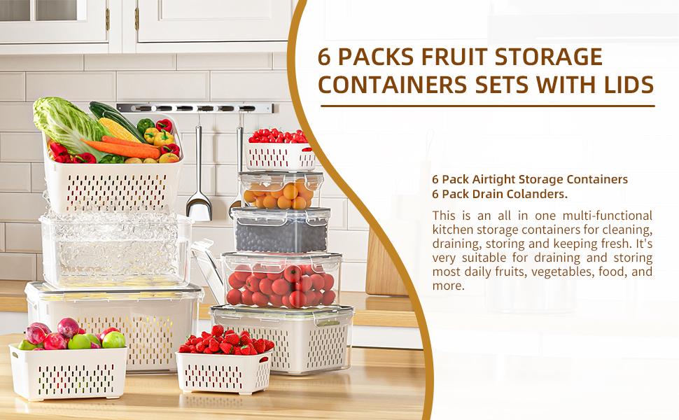 6 Pack Fruit Storage Containers for Fridge with Removable Colanders, 4 in 1 Produce Storage Containers with Lids, Leakproof Fridge Organizer Bins Keep Berry,Vegetable, Fruit, Meat Fresh Longer