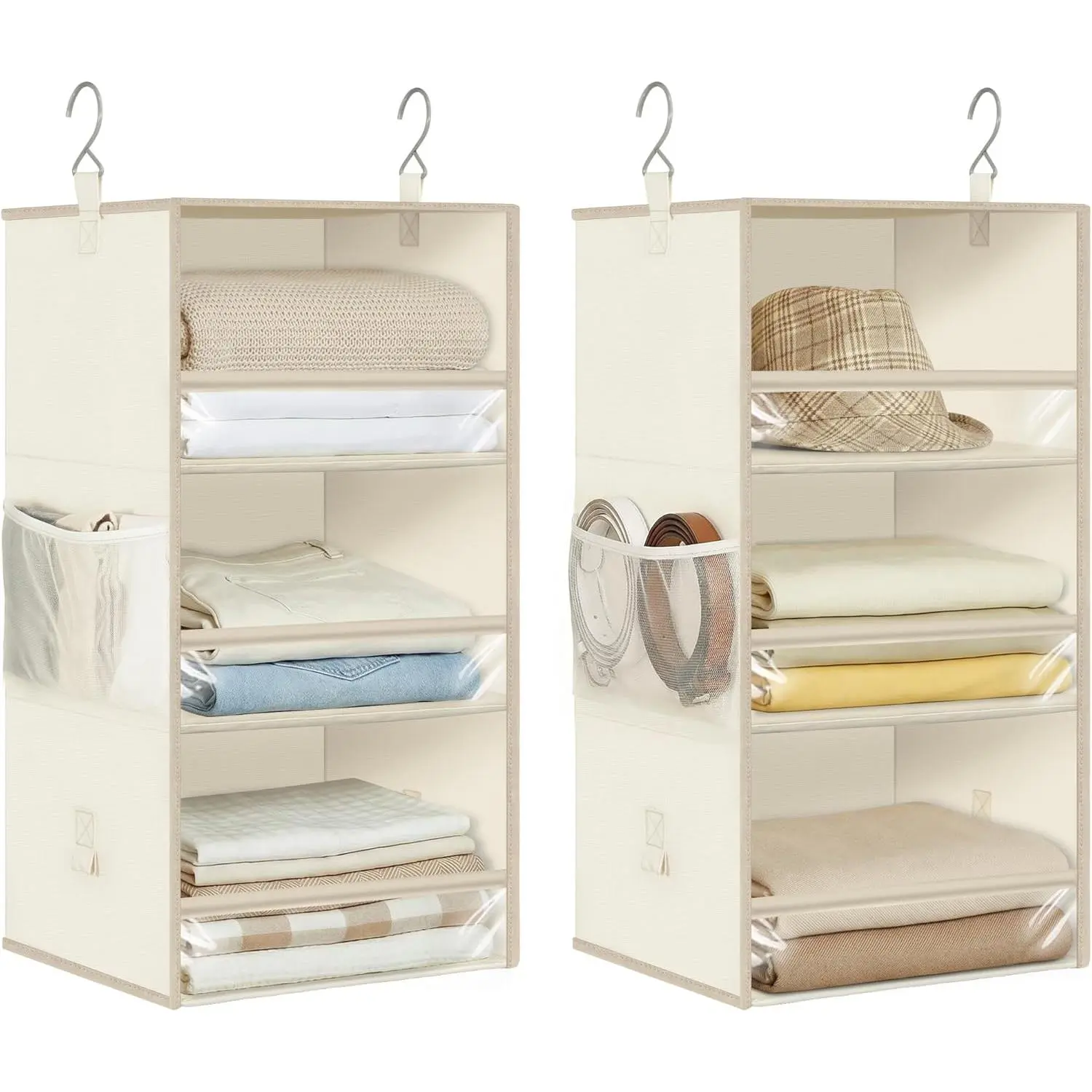 6-Shelf Hanging Closet Organizer and Storage, 2 Separable 3-Shelf Haning Organizers for Closet, Collapsible Hanging Shelves Wardrobe Organization, College Dorm Room, Nursery, Beige