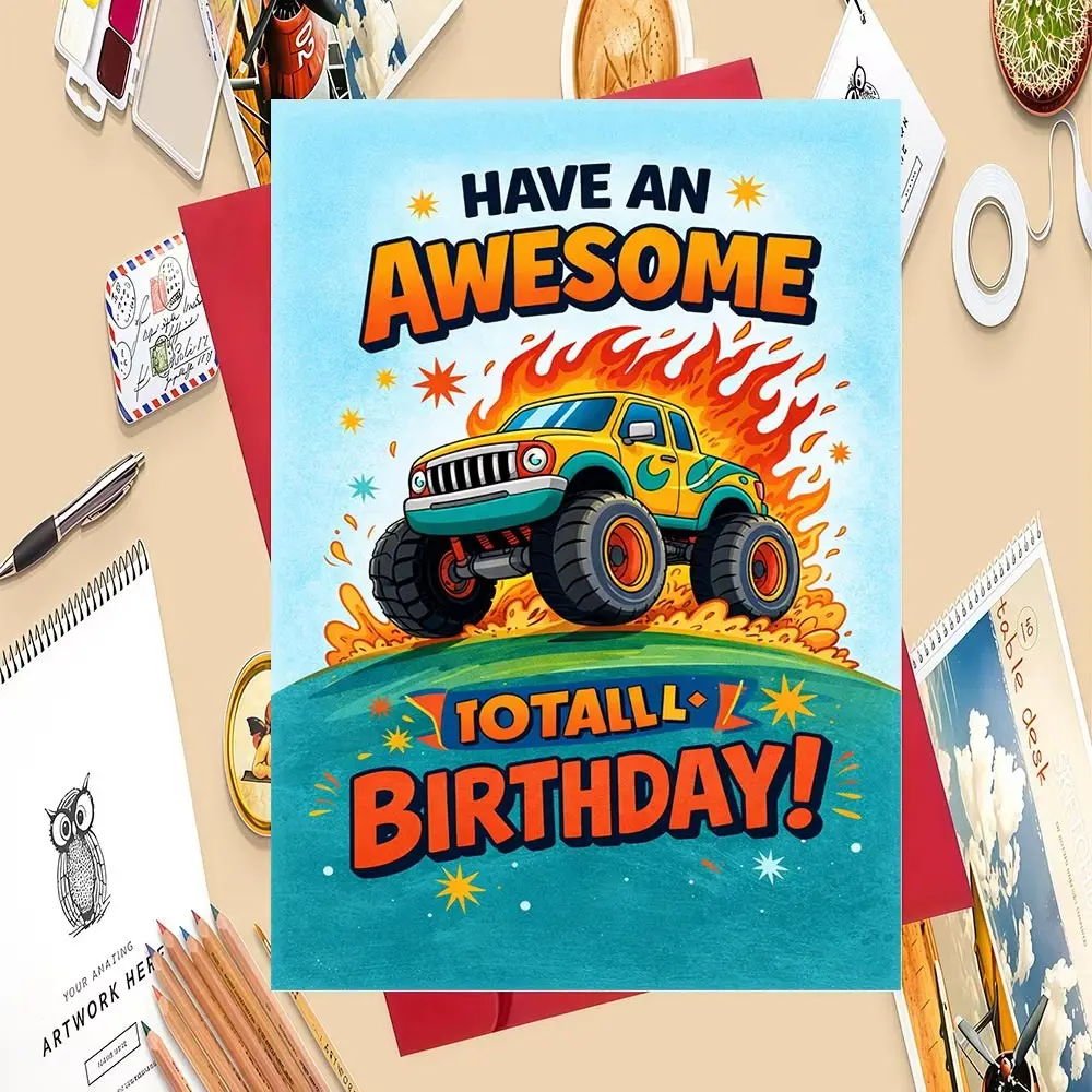 Boys' Monster Birthday Card with Envelope, Perfect for Monster Truck Lovers, Themed Gift for Birthdays, Events, and Playdates