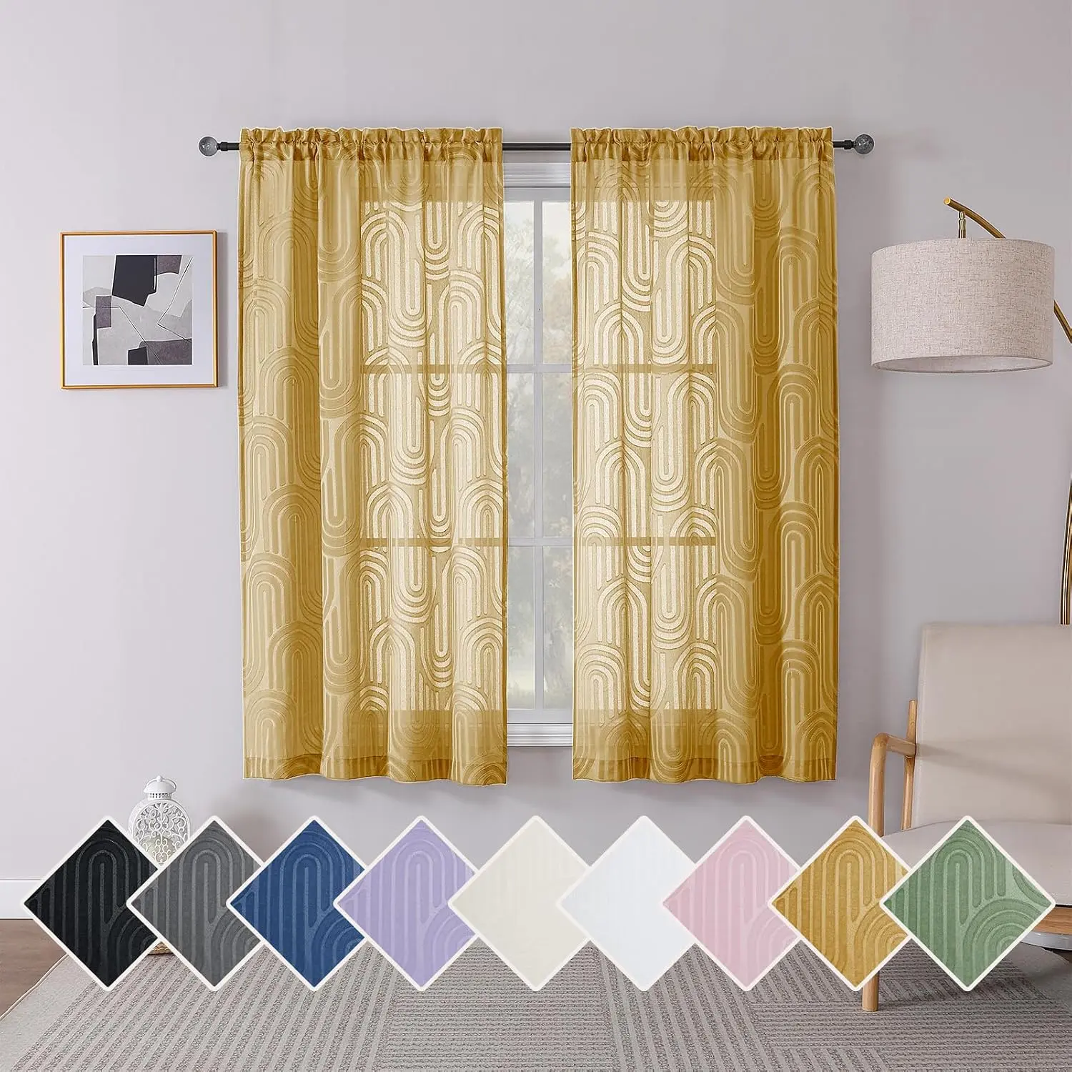 Sheer Curtains 63 Inch Length 2 Panels, Light Filtering Semi Sheer Curtains for Bedroom, Geometric Jacquard Clip Textured Window Semi Sheer Curtains Drapes, 42Wx63L Inches