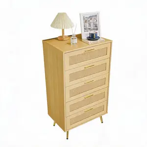 Modern Rattan Tall Chest of Drawers, 42.99" 5-Drawer MDF Dresser with Metal Handles & Splayed Legs, Storage Organizer for Bedroom, Entryway & Living Room