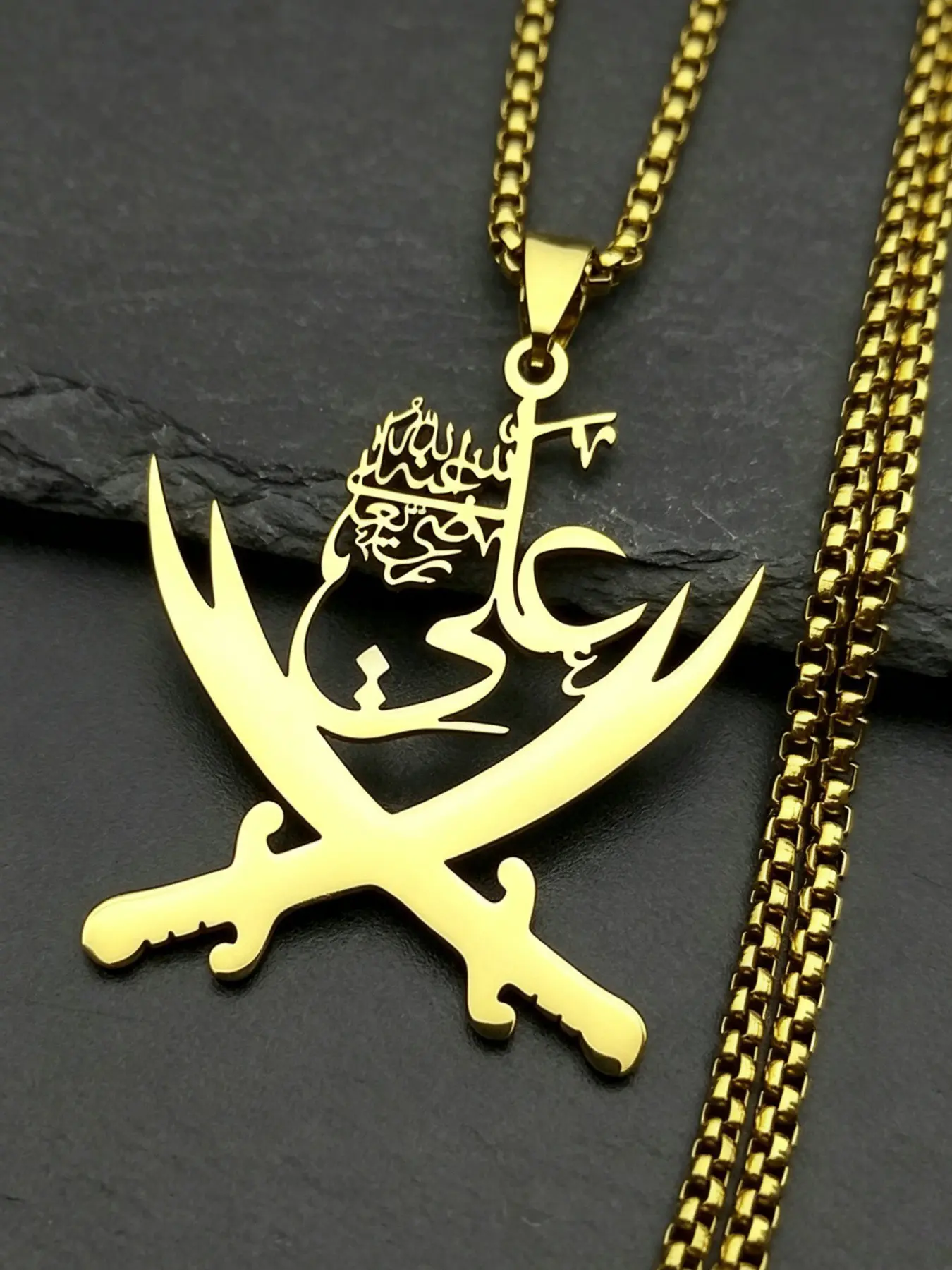 Imam Ali Sword Muslim Islam Knife Chain Faith Pendant Necklace For Men Women Stainless Steel Arabic Letter Zulfiqar Gold Color Chain Jewlery