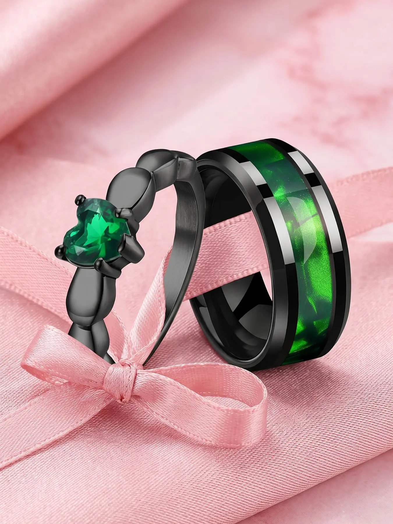 2pcs/set Green Couple Wedding Stainless Steel Zircon Ring  Jewelry Set, Valentine, To the One You Love the Most, Bring Gift Box