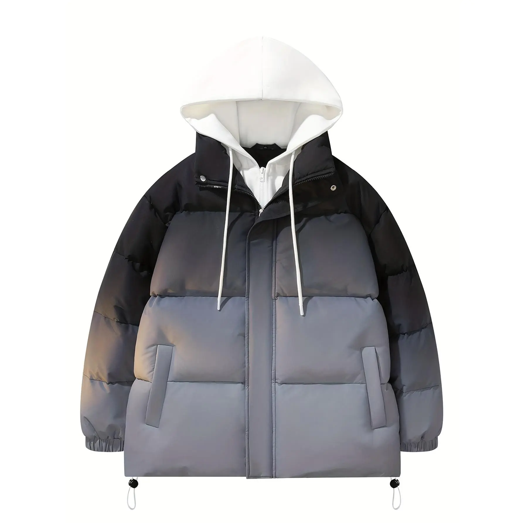 Menswear New Winter Thick Quilted Long Sleeve Jacket - Heavyweight Insulated Hooded Coat, Full-Zip Closure, Oversized Loose Fit, Lightweight Color Options, Polyester Fill, Front Pockets for Cold Weather, Casual Wear