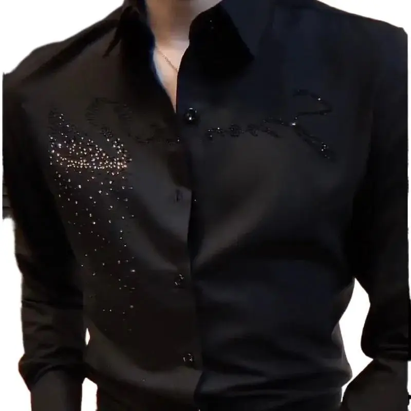 Spring Autumn Men's Fashion Business Casual Rhinestone Button Up Shirt Male England Black Long Sleeve Slim Handsome Tops Menswear