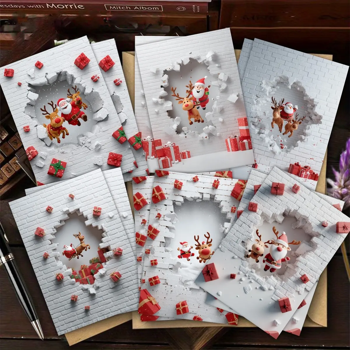 12-Piece Set Of Creative Christmas Cards With Santa Claus Breaking Through The Wall, New Year Cards, Christmas Gifts For Friends, Family, Classmates, And Girlfriends