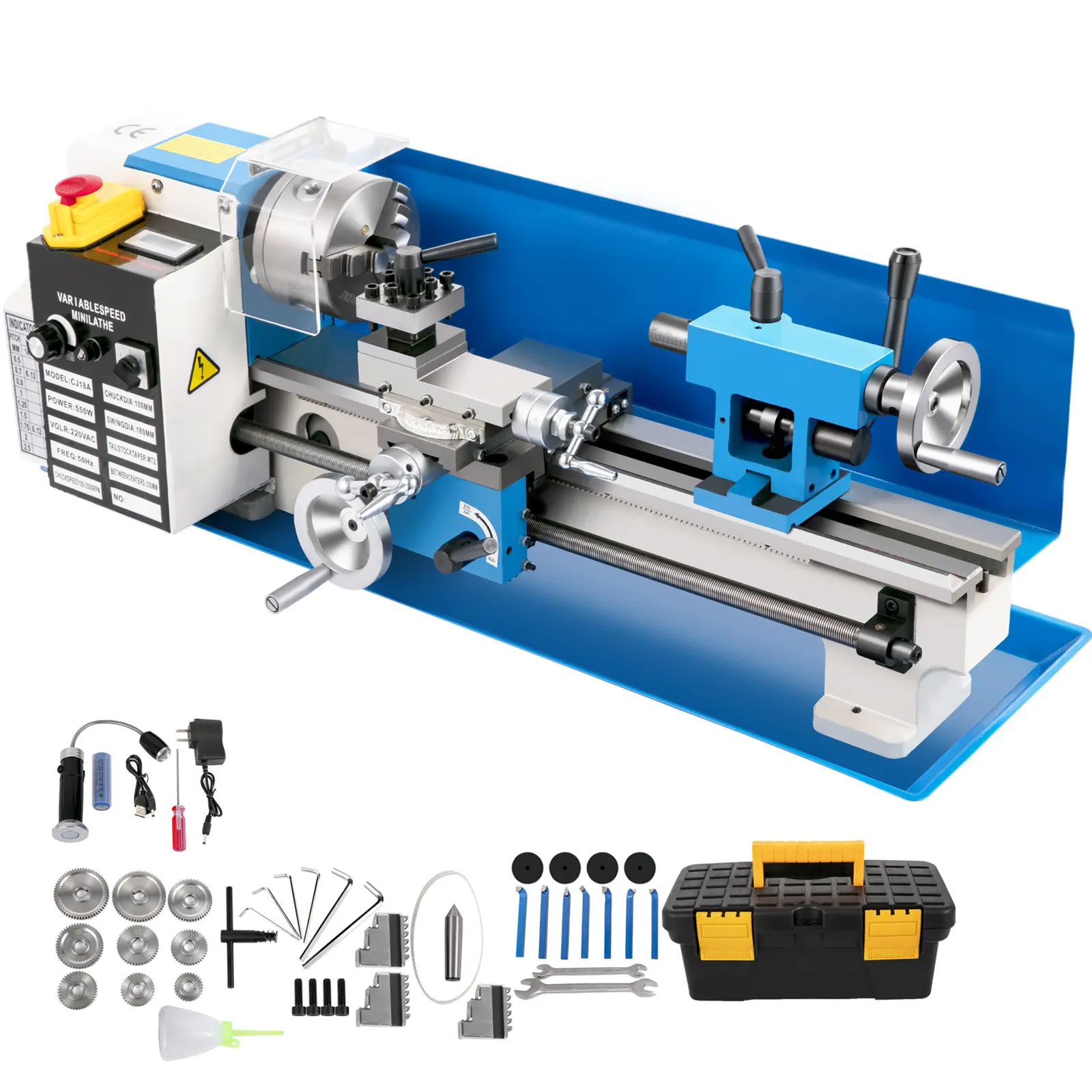 Compact Metal Lathe, 7"x14", 550W, Adjustable Speed up to 2250 RPM, Includes 3-jaw Chuck and Digital Display, Desktop Metalworking Lathe, Precision Crafting Lathe with Tool Box for Metalworki