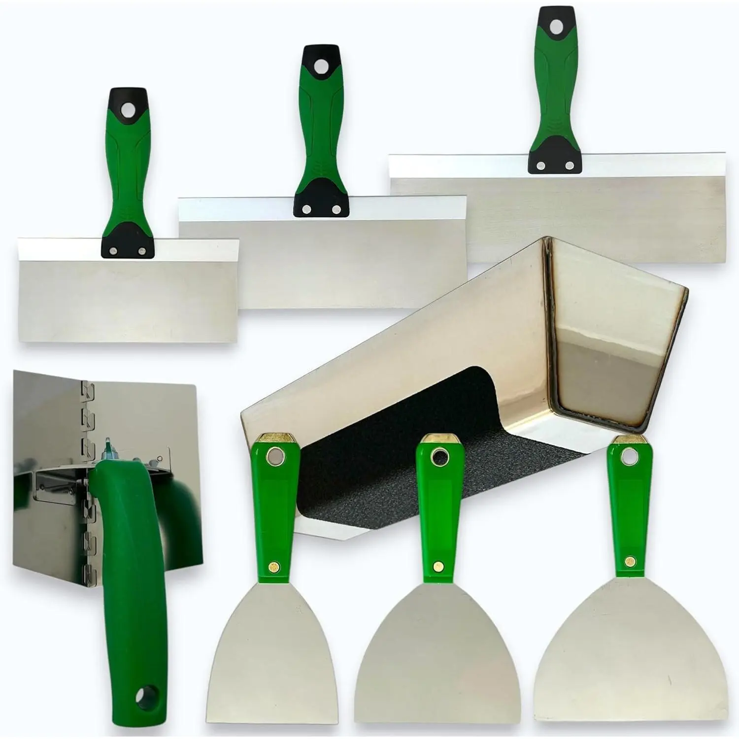 S.S. Drywall Taping Tool Set with , Pan with Grip, Adjustable and reversible S.S. Angle Tool