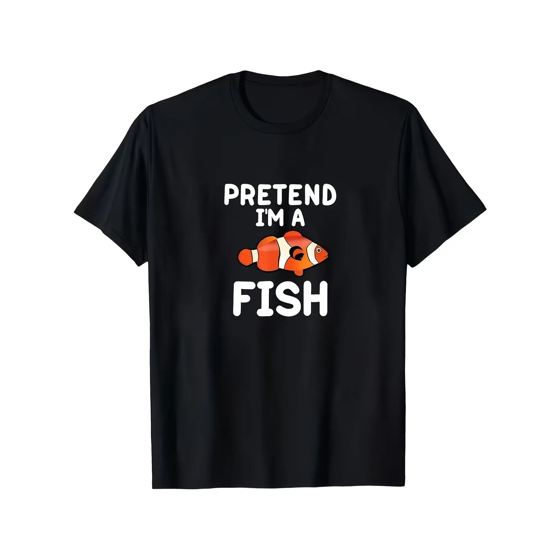 Humorous Clown Fish T-Shirt Moves Like a Fish Swimming Inspired by Nemo from Finding Nemo Black Short Sleeved Round Neck Top Suitable for Halloween Themed Events And Daily Wear Easy Clothing (Standard Fit)