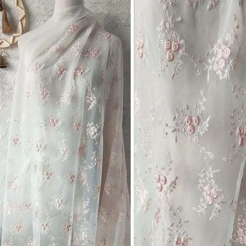 Polyester-Base Modern Sheer Mesh Pink Floral Embroidered Tulle Fabric by the Yard, 3D Flower Lace for Wedding Dresses, Bridal Veils, DIY Crafts