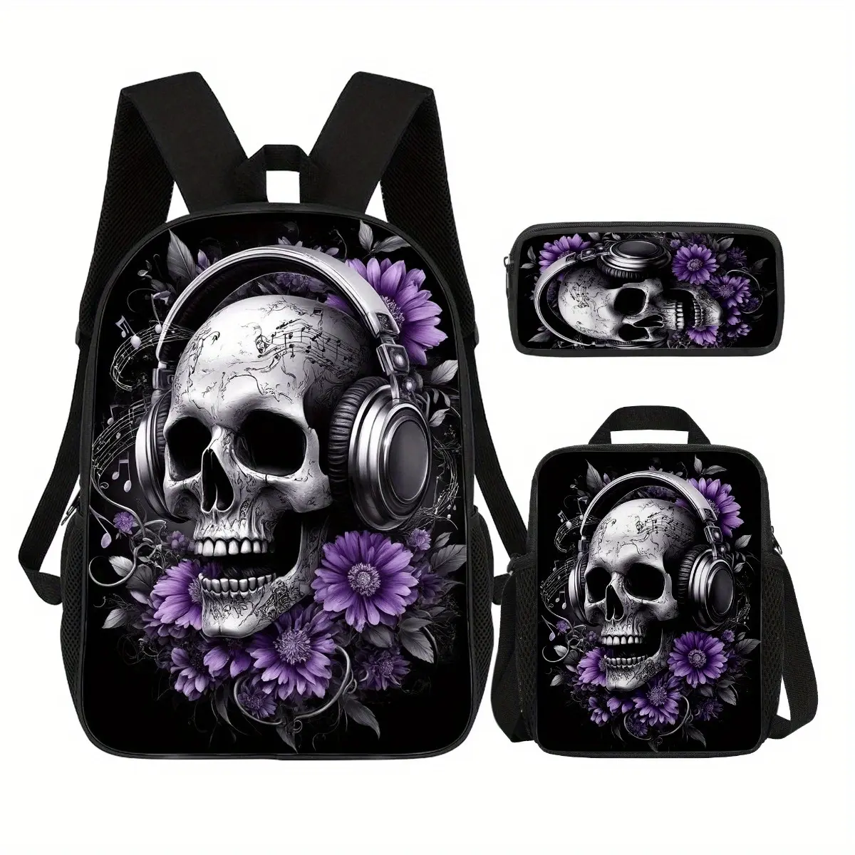 Skull Headphones 3 Piece Backpack Set for Teens, Purple Flower Music School Bookbag with Matching Lunch Bag and Pencil Case, Gothic DJ Travel Daypack, Back to School Gift, Alternative Music Gift