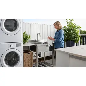 Stainless Steel Utility Sink, Free Standing Single Bowl Commercial Kitchen Sink w  Storage Shelf, w/Hot & Cold Water Pipes & Faucet for Laundry Room, Farmhouse, Indoor/Outdoor