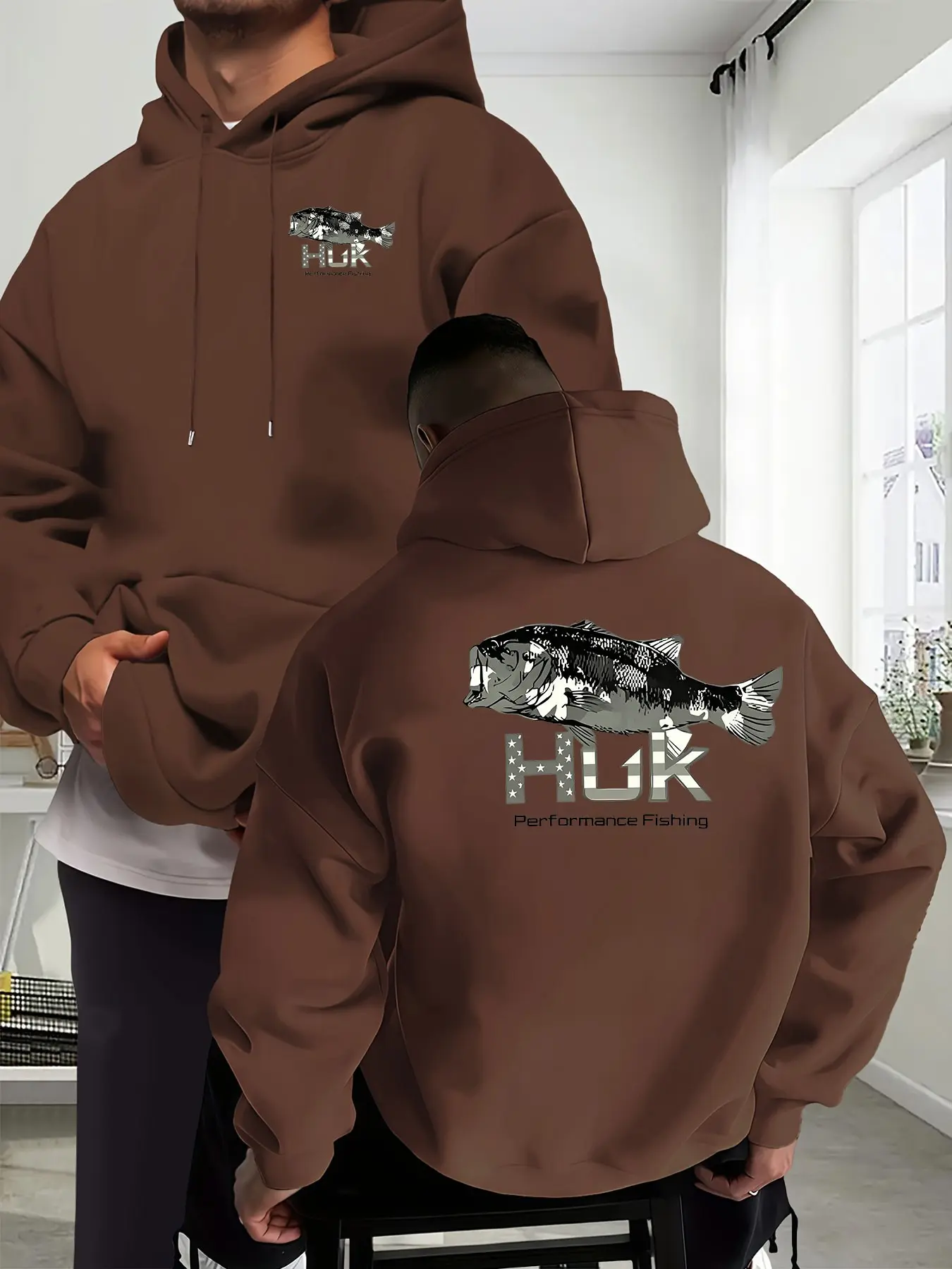 Men's Outdoor Fishing Print Hoodie, Casual Long Sleeve Sweatshirt, Geometric Fish Pattern, Drawstring Hood, Pocket, All Seasons