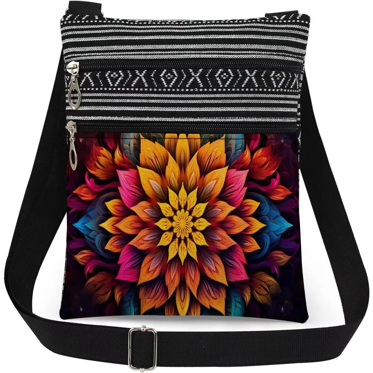 Women's Mandala Print Crossbody Bag, Modern Compact Polyester Messenger Purse with Adjustable Strap, Lightweight for Daily Travel, Heat Print, Metal Zipper