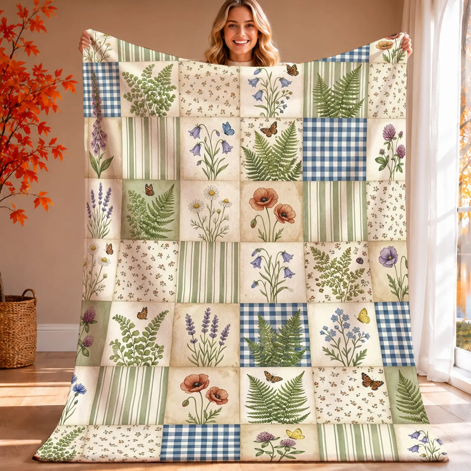 1pc Floral Butterfly Patchwork Blanket, Vintage Cottagecore Style, All-Over Floral Design with Soft Earthy Tones and Decorative Patterns, for Living Room Bedroom and Cozy Home Decor