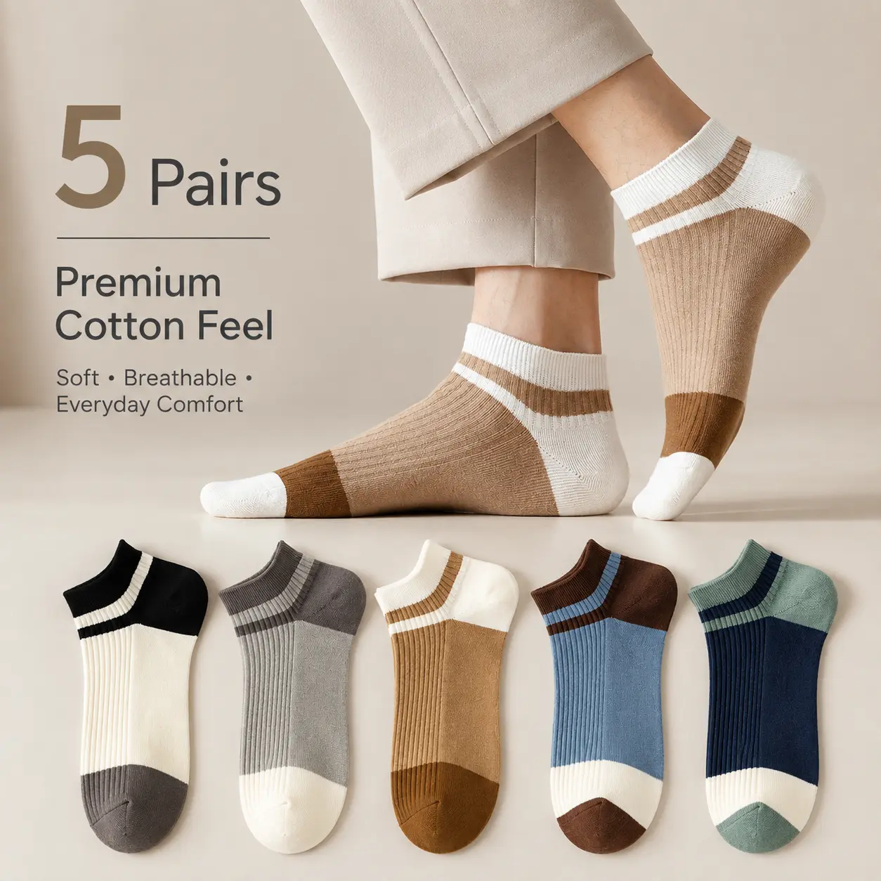 5 Pairs Cotton Ankle Socks for Women Men, Soft Breathable Low Cut Socks with Stretch Fit, Casual Athletic Crew Socks for Sneakers, Walking, Running, Travel, Work, Everyday Wear, Moisture Wicking Comfortable Socks, Premium Ribbed Knit Socks Gift Set