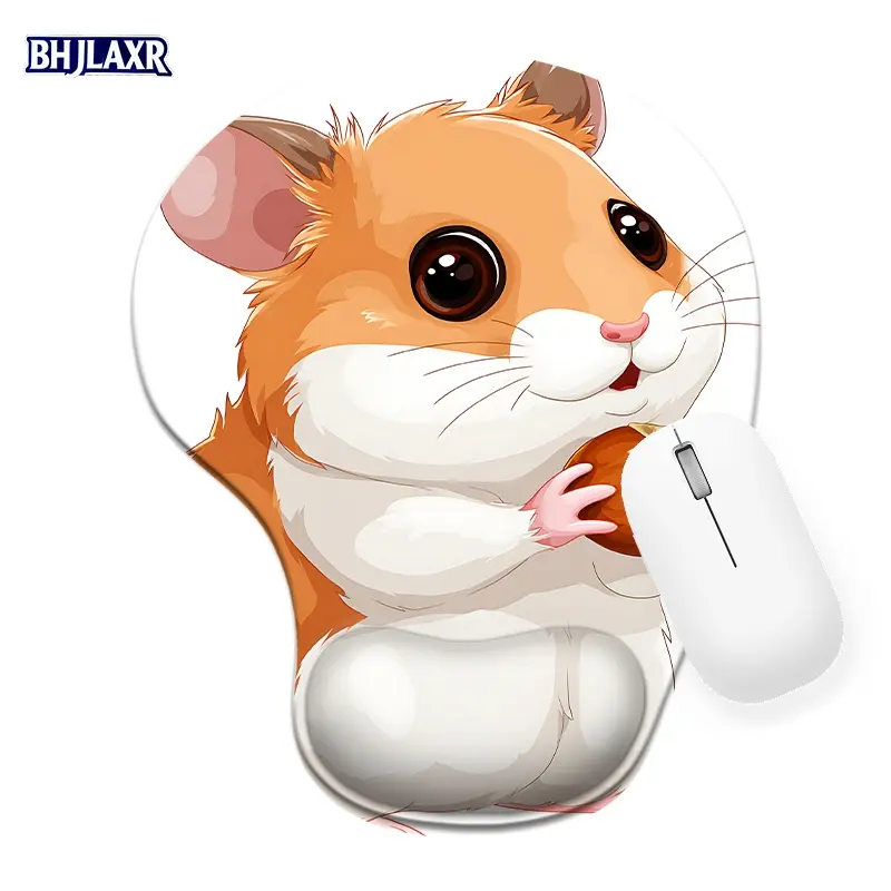 Cute Cartoon Hamster White Silicone Wrist Rest Mouse Pad 8.98*7.56inch Ergonomic for Office Home Computer, Playful Endearing Art Gift