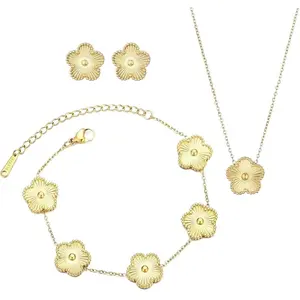 14K Gold Plated Vintage Clover Drop Necklace, Textured Five-Leaf Flower Dainty Chain, Anti-Tarnish Stainless Steel, Elegant Layering Jewelry for Women, Daily, Wedding & Anniversary Gift
